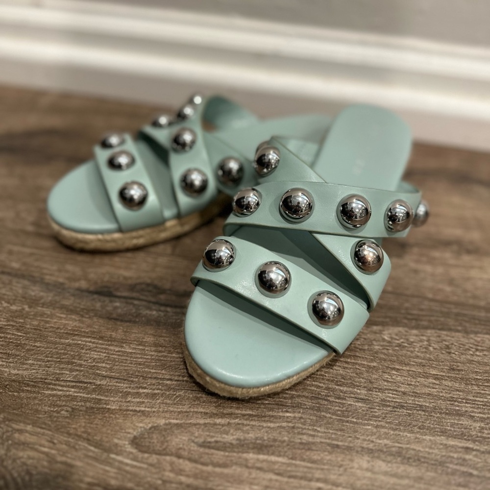 Marc Fisher Prisca Ball Studded Sandals‎ Green Faux Leather